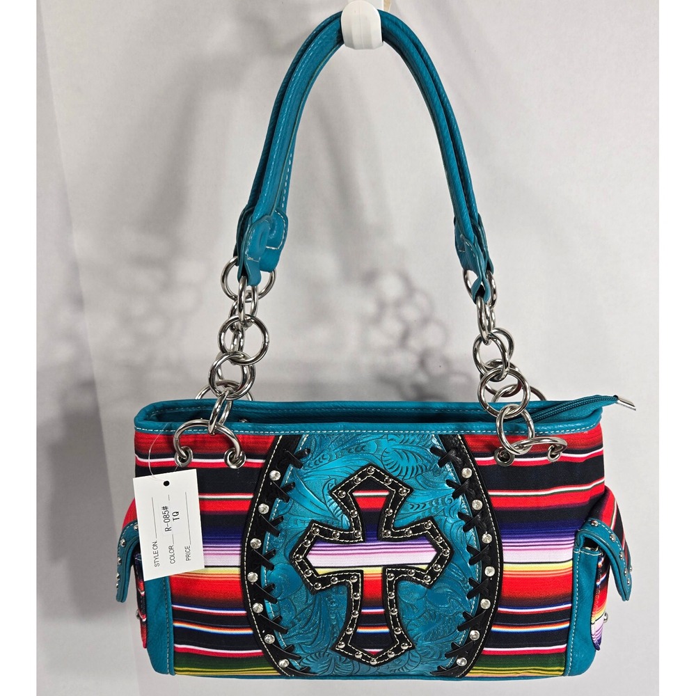 BHW Shoulder Bag Turquoise Multi Color Cross Studs & Rhinestones New With Tags